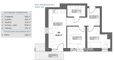 Trzypokojowe 46,30 m2 | oddanie grudzień 2024 r.